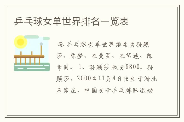 乒乓球女单世界排名一览表