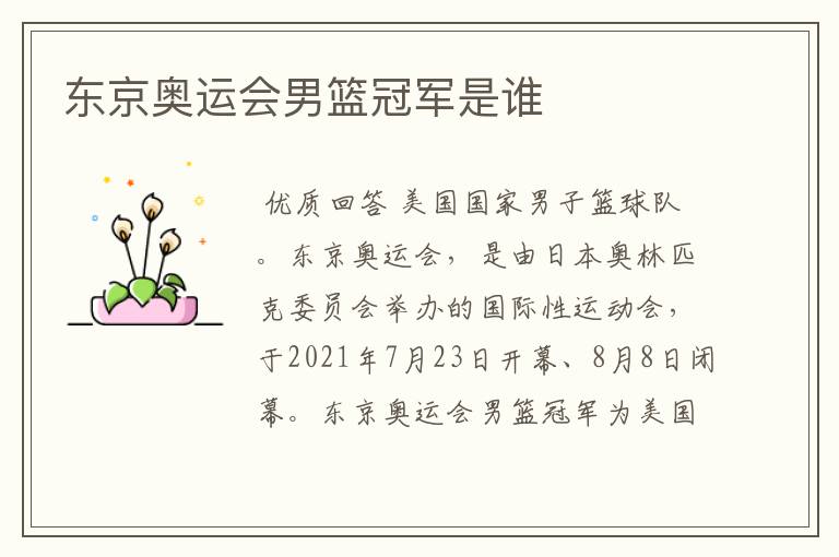 东京奥运会男篮冠军是谁