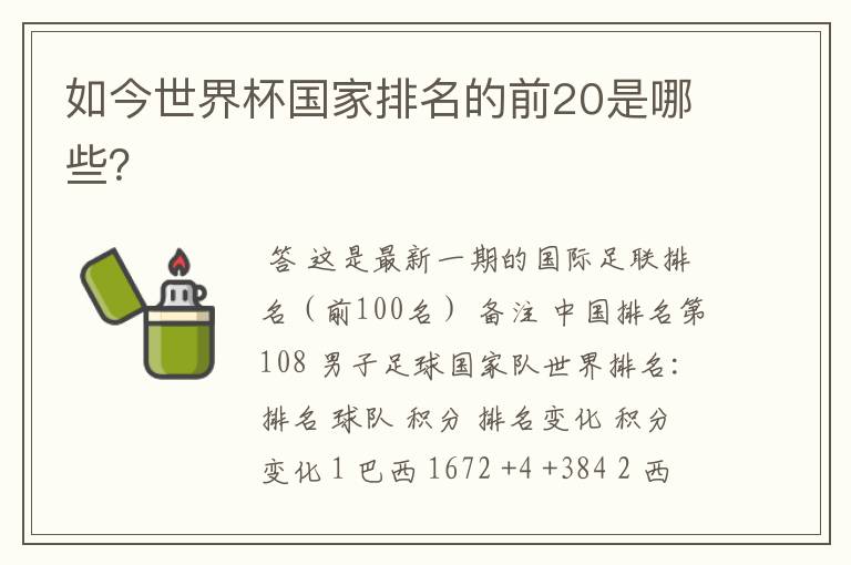 如今世界杯国家排名的前20是哪些?