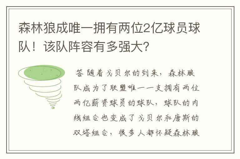 森林狼成唯一拥有两位2亿球员球队!该队阵容有多强大?