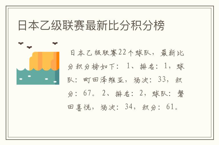 日本乙级联赛最新比分积分榜