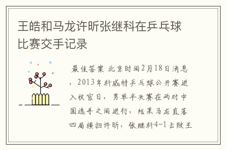 王皓和马龙许昕张继科在乒乓球比赛交手记录