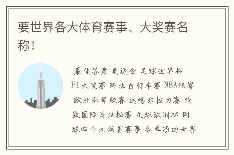 要世界各大体育赛事、大奖赛名称!