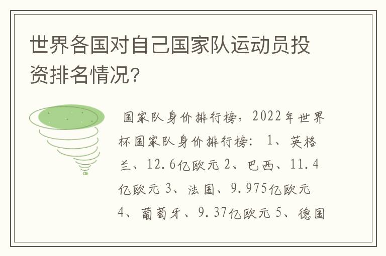 世界各国对自己国家队运动员投资排名情况?