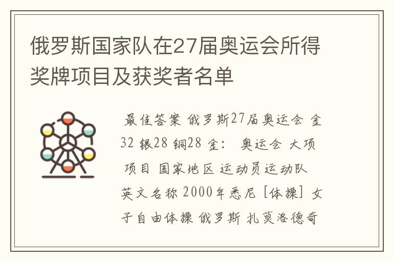 俄罗斯国家队在27届奥运会所得奖牌项目及获奖者名单