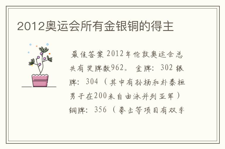 2012奥运会所有金银铜的得主