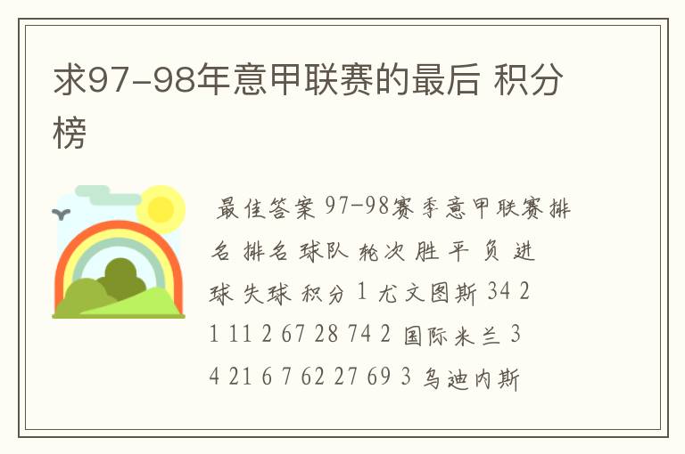 求97-98年意甲联赛的最后 积分榜