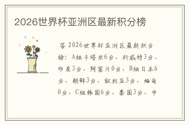 2026世界杯亚洲区最新积分榜