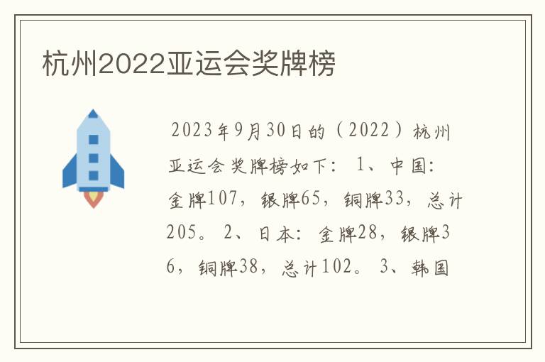 杭州2022亚运会奖牌榜