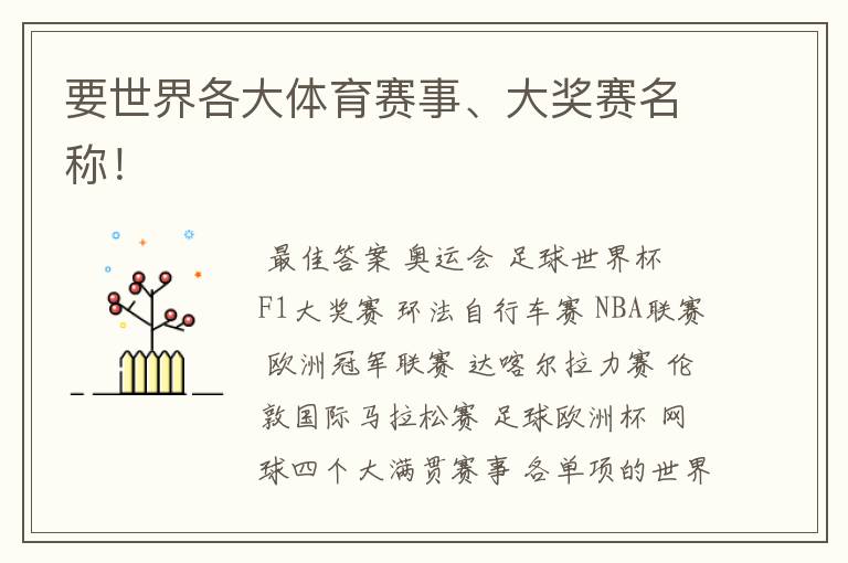 要世界各大体育赛事、大奖赛名称!