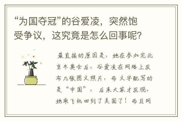 “为国夺冠”的谷爱凌,突然饱受争议,这究竟是怎么回事呢?
