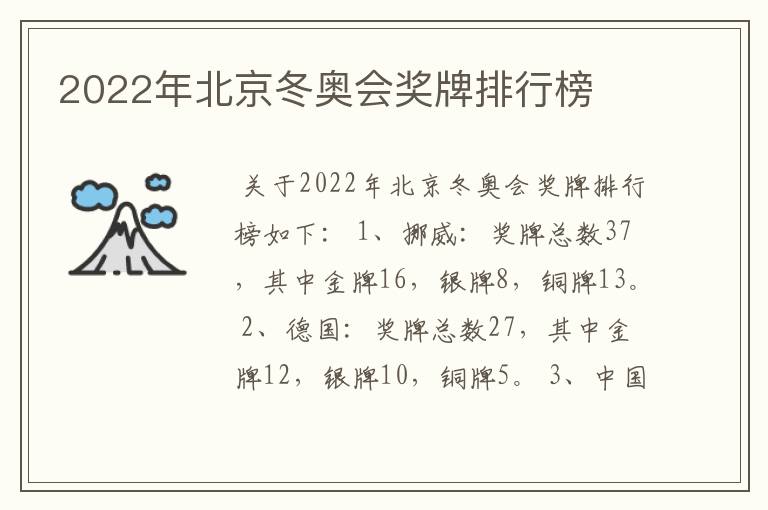 2022年北京冬奥会奖牌排行榜