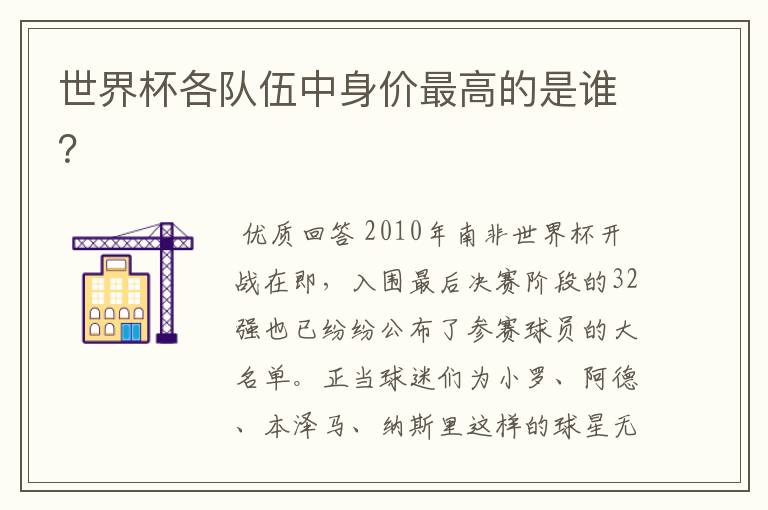 世界杯各队伍中身价最高的是谁?
