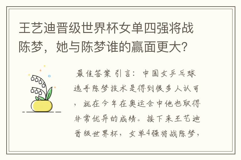 王艺迪晋级世界杯女单四强将战陈梦,她与陈梦谁的赢面更大?