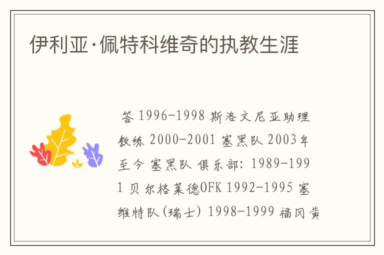 伊利亚·佩特科维奇的执教生涯