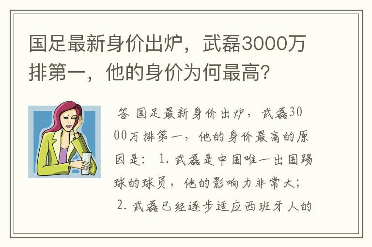国足最新身价出炉,武磊3000万排第一,他的身价为何最高?