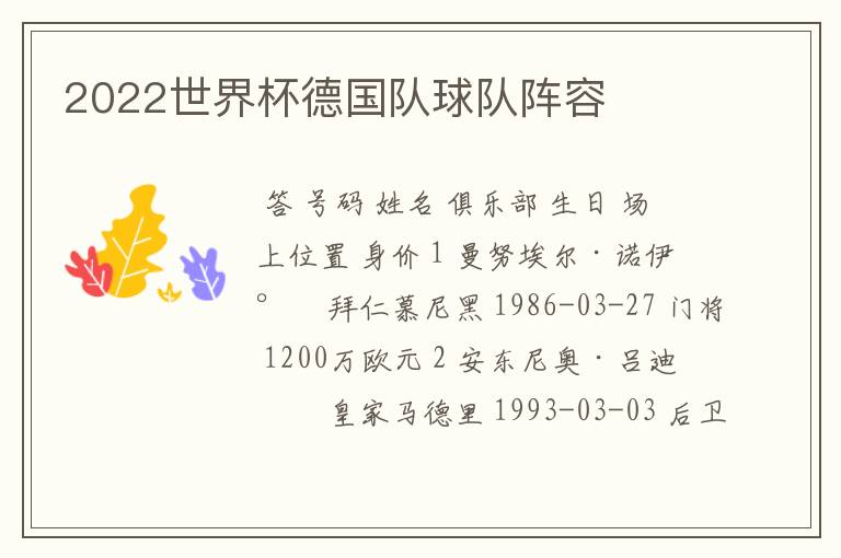 2022世界杯德国队球队阵容
