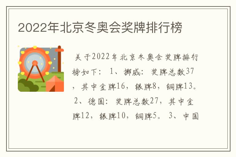 2022年北京冬奥会奖牌排行榜