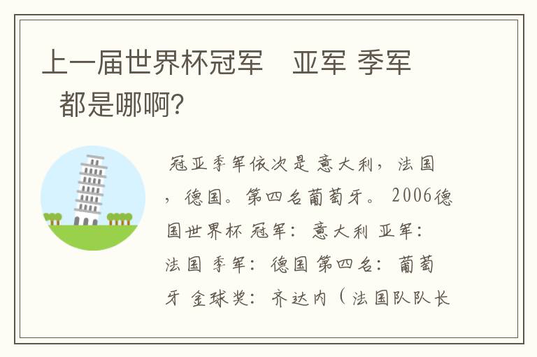 上一届世界杯冠军 亚军 季军 都是哪啊?