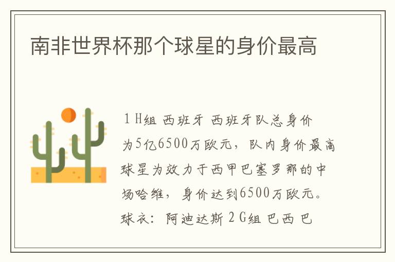 南非世界杯那个球星的身价最高