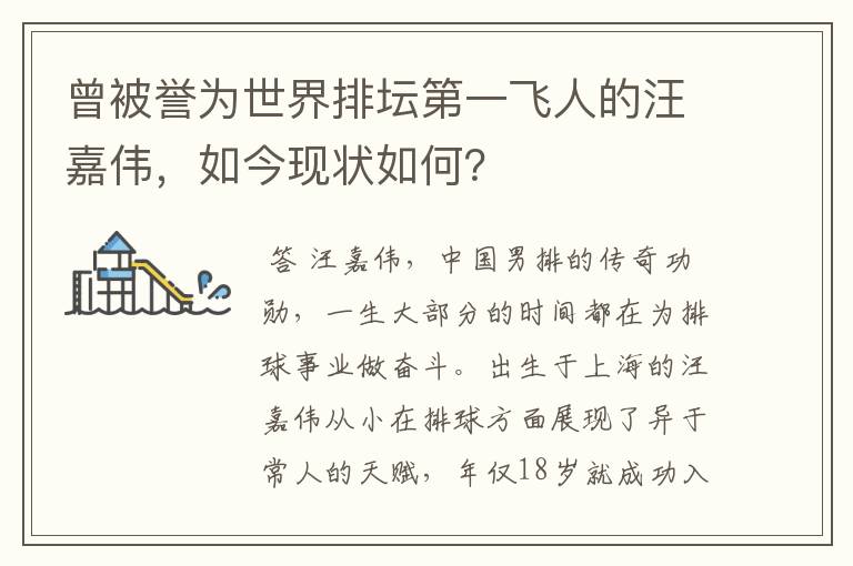 曾被誉为世界排坛第一飞人的汪嘉伟,如今现状如何?