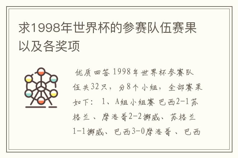 求1998年世界杯的参赛队伍赛果以及各奖项