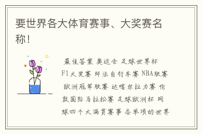 要世界各大体育赛事、大奖赛名称!