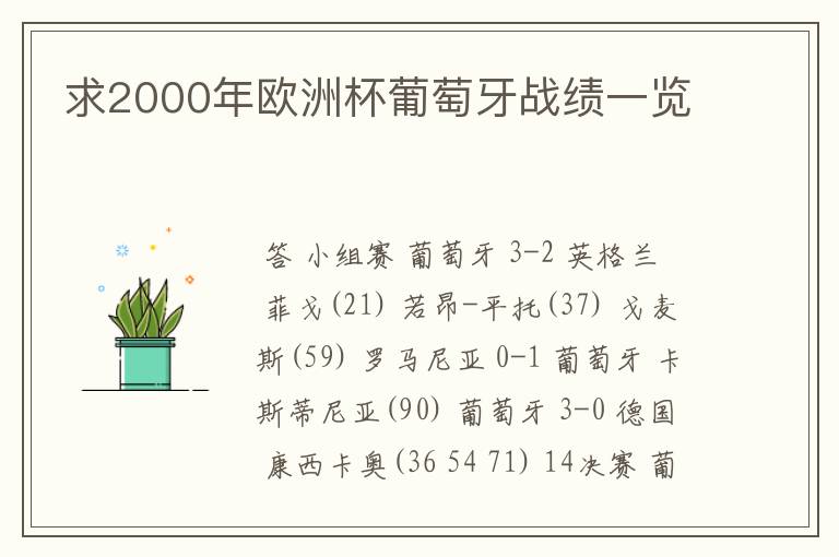 求2000年欧洲杯葡萄牙战绩一览