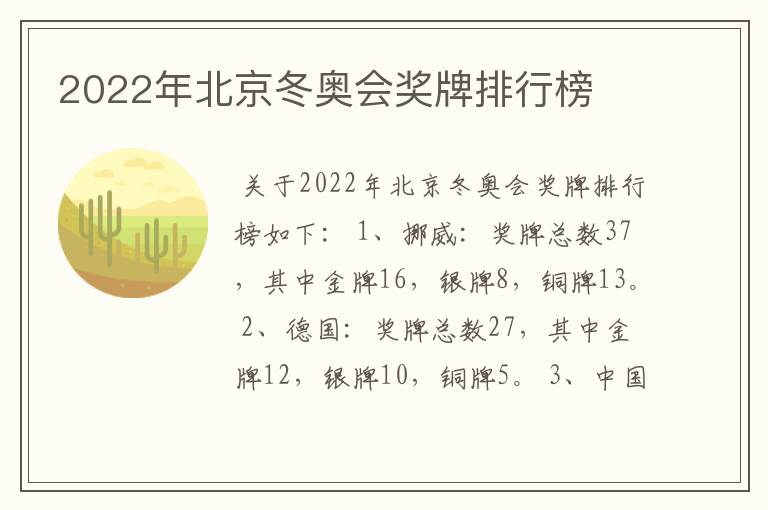 2022年北京冬奥会奖牌排行榜