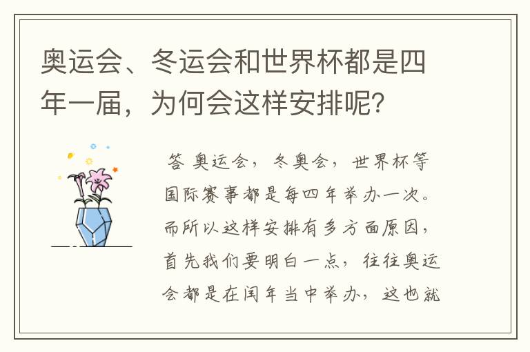 奥运会、冬运会和世界杯都是四年一届,为何会这样安排呢?