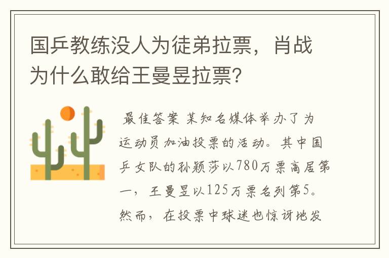 国乒教练没人为徒弟拉票,肖战为什么敢给王曼昱拉票?