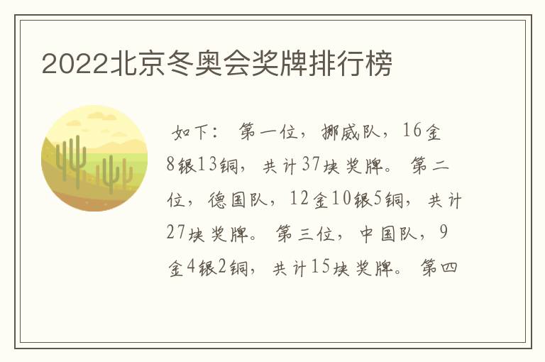 2022北京冬奥会奖牌排行榜
