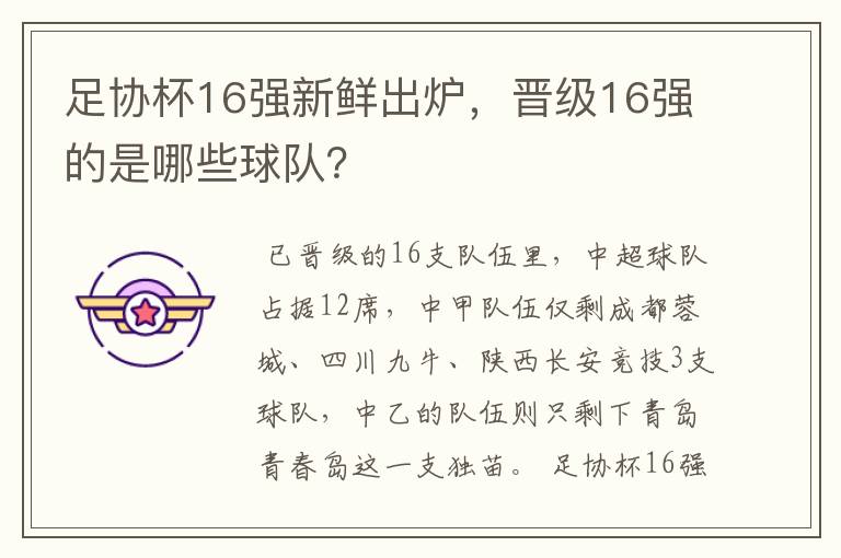 足协杯16强新鲜出炉,晋级16强的是哪些球队?
