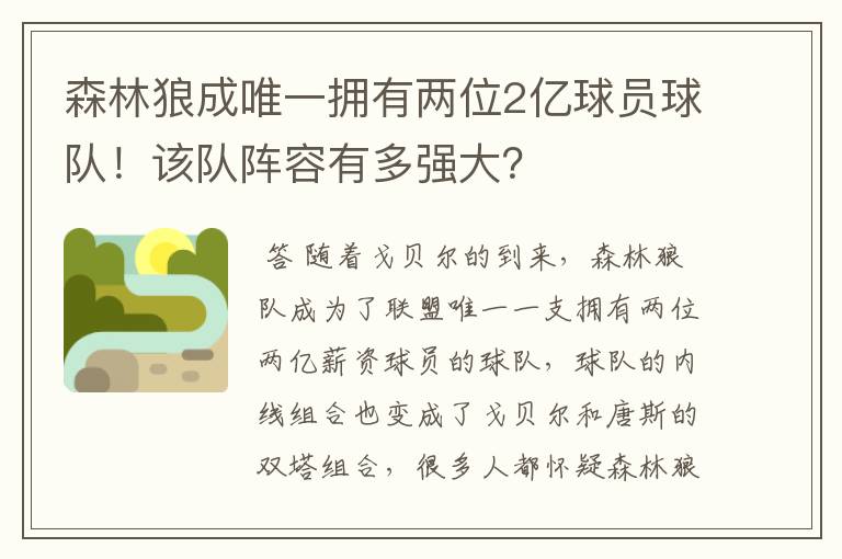 森林狼成唯一拥有两位2亿球员球队!该队阵容有多强大?