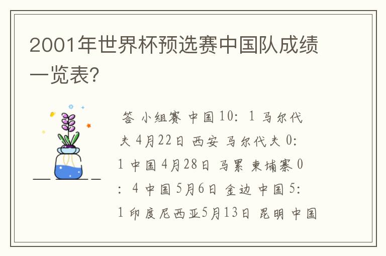 2001年世界杯预选赛中国队成绩一览表?