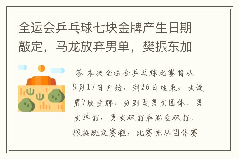 全运会乒乓球七块金牌产生日期敲定,马龙放弃男单,樊振东加冕?