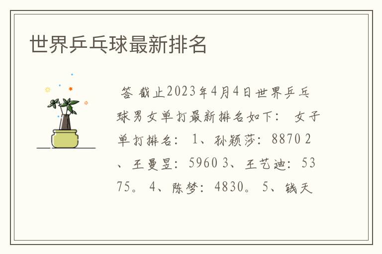 世界乒乓球最新排名