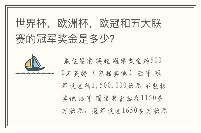 世界杯,欧洲杯,欧冠和五大联赛的冠军奖金是多少?