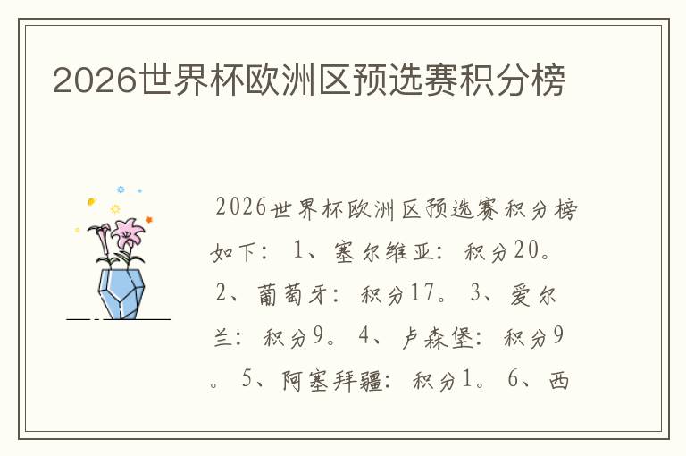 2026世界杯欧洲区预选赛积分榜