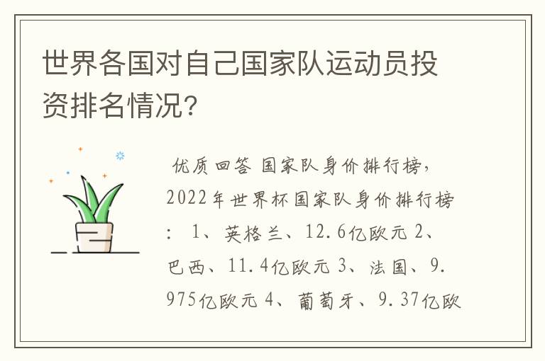 世界各国对自己国家队运动员投资排名情况?