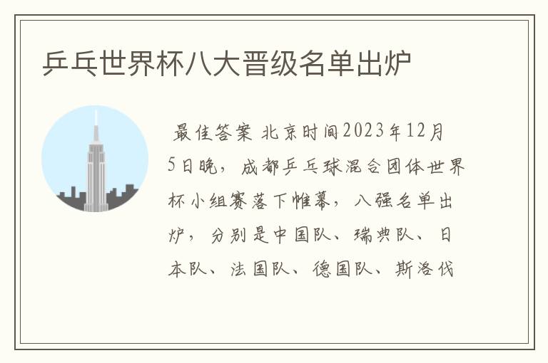 乒乓世界杯八大晋级名单出炉