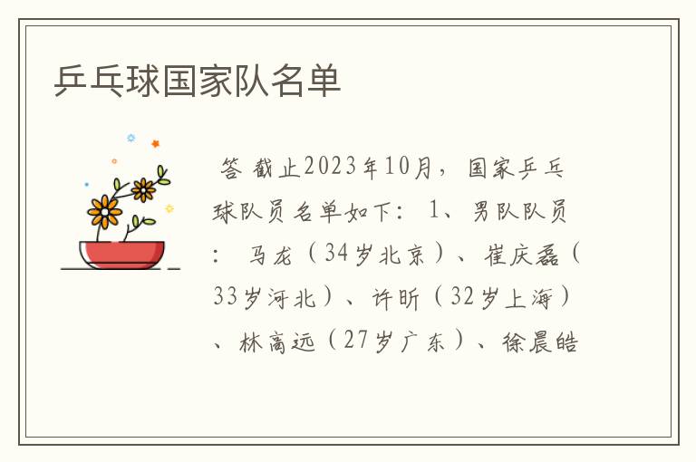 乒乓球国家队名单