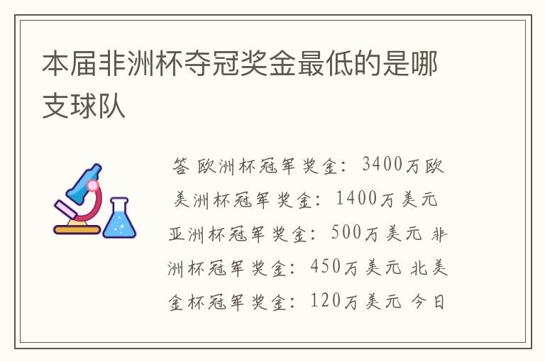 本届非洲杯夺冠奖金最低的是哪支球队