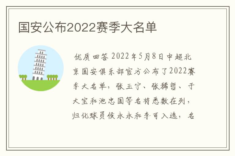 国安公布2022赛季大名单