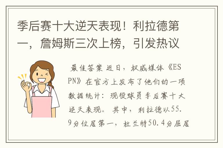 季后赛十大逆天表现!利拉德第一,詹姆斯三次上榜,引发热议