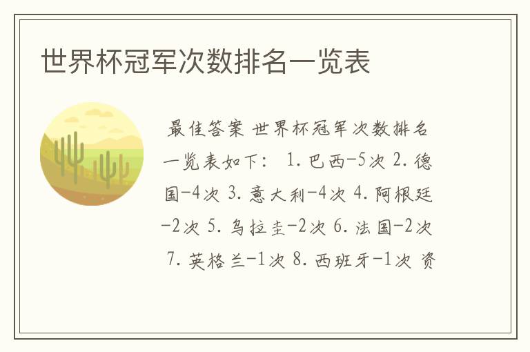 世界杯冠军次数排名一览表