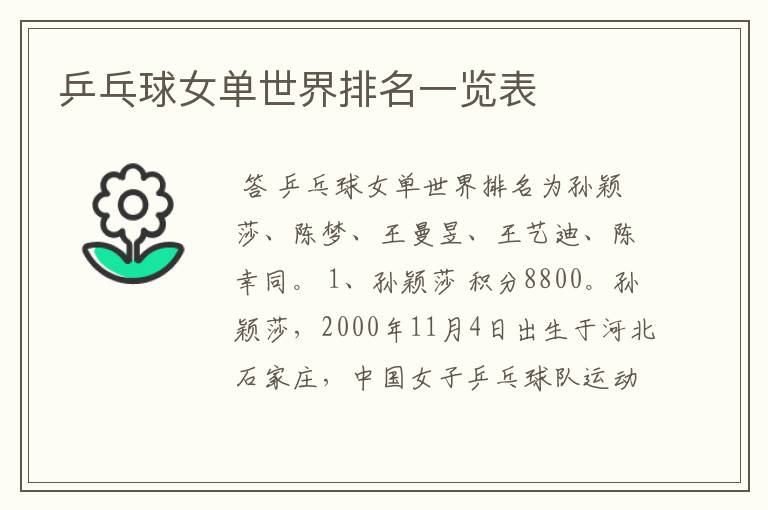 乒乓球女单世界排名一览表
