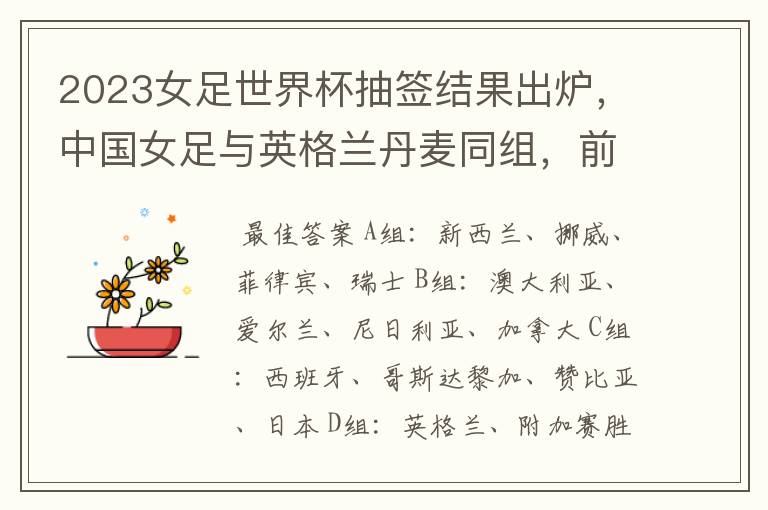 2023女足世界杯抽签结果出炉,中国女足与英格兰丹麦同组,前景如何?