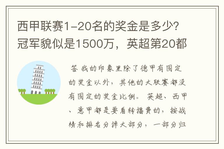 西甲联赛1-20名的奖金是多少?冠军貌似是1500万,英超第20都是4000万呀!