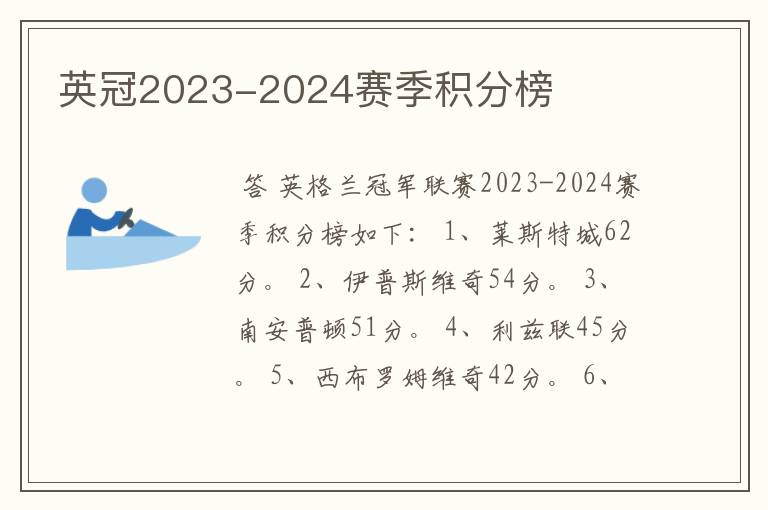 英冠2023-2024赛季积分榜